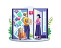 Online delivery services concept with a woman receiving parcel from delivery service courier through smartphone vector Royalty Free Stock Photo