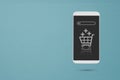 Online delivery or shopping and advertising concept . Shopping cart and search bar icon on smartphone screen with grunge blue Royalty Free Stock Photo