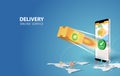 Online delivery smartphone concept idea.Fast respond delivery package shipping on mobile.Online order tracking with world map