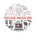 Online diagnosis and treatment banner. Virtual medical consultation infographic . Vector line icons. infographic set.