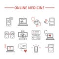 Online diagnosis and treatment. Virtual medical consultation. Line icons. infographic set.