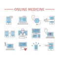 Online diagnosis and treatment. Virtual medical consultation. Vector line icons. Flat infographic set.