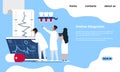 Online diagnostic landing page. Medical tests and analyzes. Cartoon doctors check patients health. Web template with