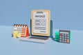 Online digital invoice concept with clipboard money and calendar schedule . 3d illustration rendering