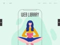 Online digital library landing page concept of people character reading books from reader, computer. Media library website