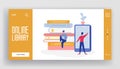 Online digital library landing page concept of people character reading books from reader, computer. Media library website