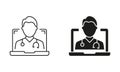 Online Digital Medicine Line and Silhouette Icon Set. Telemedicine, Virtual Medicine Service Sign. Doctor in Computer