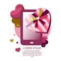 Online Post and Shopping. Huge Heart Gift Box Present in Smartphone Screen. Valentine Day, Birthday, Anniversary Holiday in Mobile