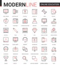 Online distance education flat thin red black line icons vector illustration set with linear educational technology Royalty Free Stock Photo