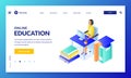 Online distance education and study concept. Vector 3d isometric illustration of student girl sitting at computer