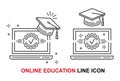 Online distant education, graduation, home virtual learning line icon. Finish internet course. Laptop with academic hat. Vector