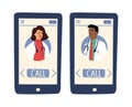 Online doctor app. Doctors avatars on screen. Smartphone with female male medical person, hospital telemedicine vector