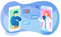 Online doctor app interface, sick man asking therapist about hearth problem, remote medical consultation with physician