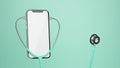 Stethoscope, blank screen smartphone mockup, copy space mint colour background