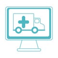 Online doctor, computer ambulance emergency support medical covid 19, line style icon