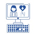 Online doctor computer device support medical care blue line style icon