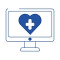Online doctor computer medical technology care blue line style icon