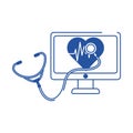 Online doctor computer stethoscope heartbeat care blue line style icon