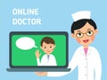 Online doctor. Concept of modern healthcare. Nurse shows you how to get medical advice with help of Internet. Service for medical