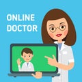 Online doctor. Concept of modern healthcare. Nurse shows you how to get medical advice with help of Internet. Service for medical