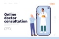 Online doctor consultation landing page with man patient having virtual video chat with therapist