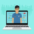Online doctor consultation technology in laptop. Medical doctor in suit with stethoscope close up. Vector illustration