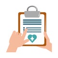 Online doctor hands with clipboard report medical care flat style icon Royalty Free Stock Photo