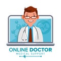 Online Doctor Man Vector. Medical Consultation Concept Design. Male Look Out Laptop. Online Medicine Support. Isolated