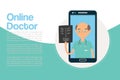 Online doctor medical care vector cartoon illustration. Smartphone with male doctor on call holding x-ray skeleton image Royalty Free Stock Photo