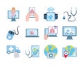 Online doctor, physician technology consultant medical icons set, flat style icon