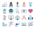 Online doctor, physician technology consultant medical icons set, flat style icon