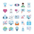Online doctor, physician technology consultant medical icons set, flat style icon