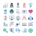 Online doctor, physician technology consultant medical icons set, flat style icon
