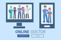 Online doctor. Team of doctors and other hospital workers banner vector illustration. Medicine professionals and medical Royalty Free Stock Photo