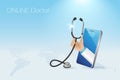 Online doctor, virtual hospital and consultation. Doctor hand hold stethoscope from smartphone diagnose and communicate with