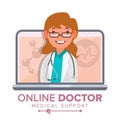 Online Doctor Woman Vector. Medical Consultation Concept Design. Female Look Out Laptop. Online Medicine Support