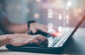 Online documentation database and document management system concept, Businessman using tablet or computer Royalty Free Stock Photo