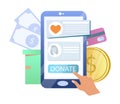 Online donation. Hand donating money using smartphone, vector illustration. Charity moble phone app.