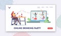 Online Drinking Party Landing Page Template. Virtual Birthday, Home Festive Event. Friends Clink Glasses from Pc