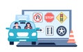 Online driving school. Future driver and instructor in car, rules and road signs on computer screen. Traffic rule