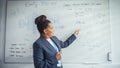 Online e-Education Concept: Black Teacher Gives Lesson to a Classroom, Standing Infront Whiteboard Royalty Free Stock Photo