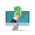 Online earning. Hand with computer holds money. Business cartoon