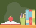 Online education, apple on open book and books on desk