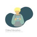 Online Education Banner. Flat Cartoon Boy with Tablet. Young Boy Learning with a Tablet.