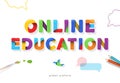 Online education bright banner. Distance learning colorful template. Origami cartoon 3D letters. Vector