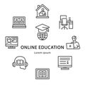 Online education circle banner with flat line icons. Study and job from home.