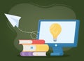 Online education, computer idea books and paper plane