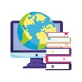 Online education computer school globe map and books stacked Royalty Free Stock Photo