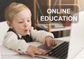 Online education concept, amazed little boy using laptop