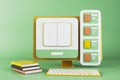 Online education concept with books and digital interface on green background. 3D Rendering